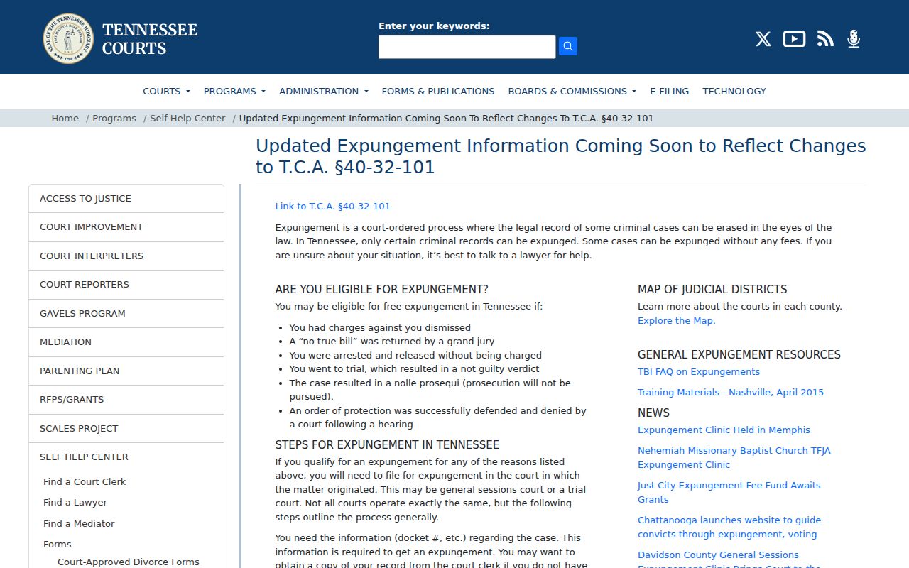 Tennessee court-origin expungement procedure affecting Sequatchie County release records